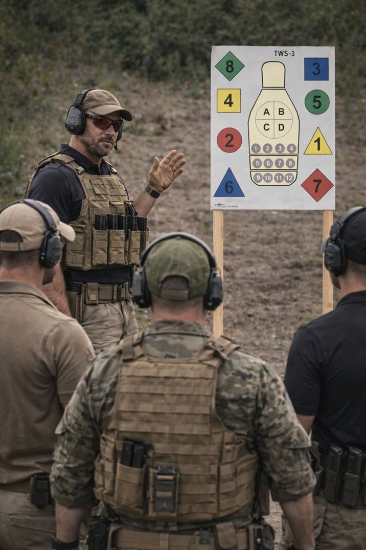 Prezentacja tarczy strzeleckiej FBI, Drill podczas warszatów strzeleckich