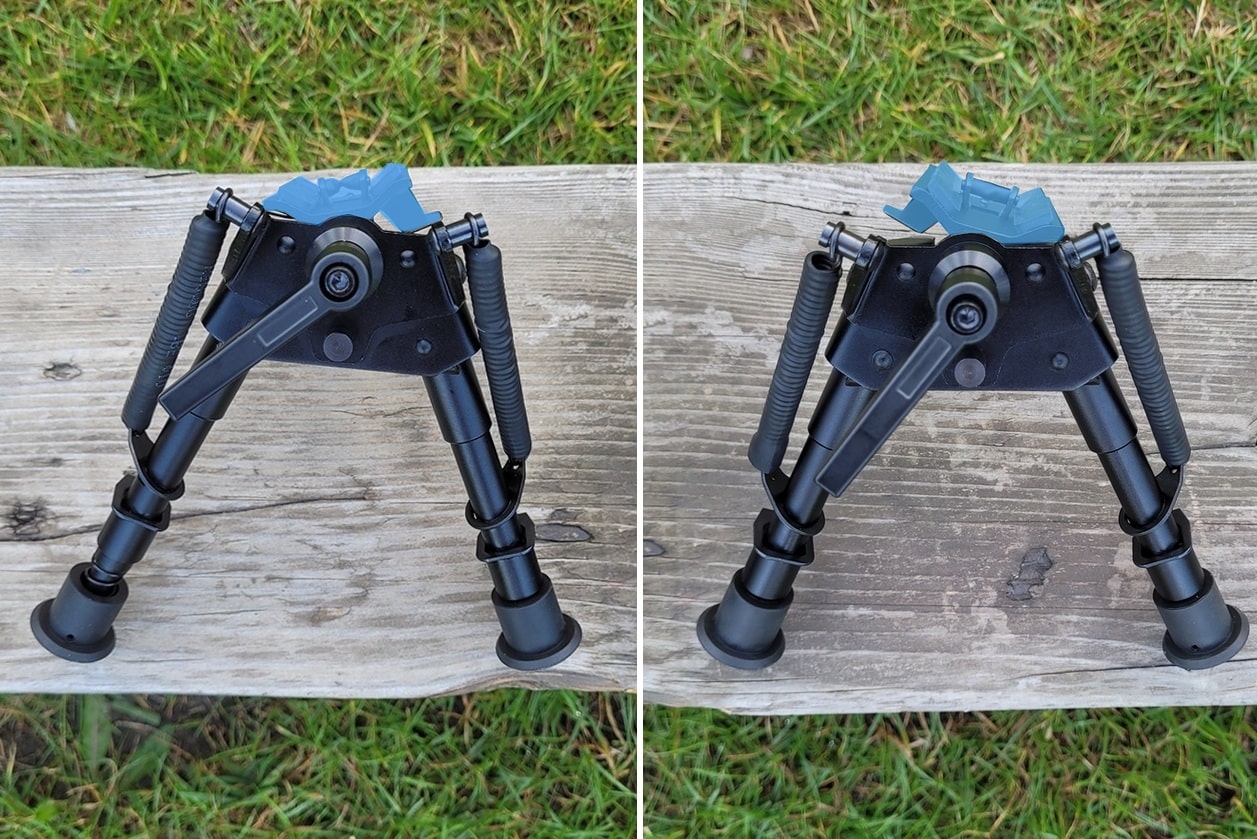 Bipod, dwójnóg z ruchomym przegubem, z ramieniem blokującym kąt nachylenia Bipod z ruchomym przegubem oraz ramieniem blokującym kąt nachylenia