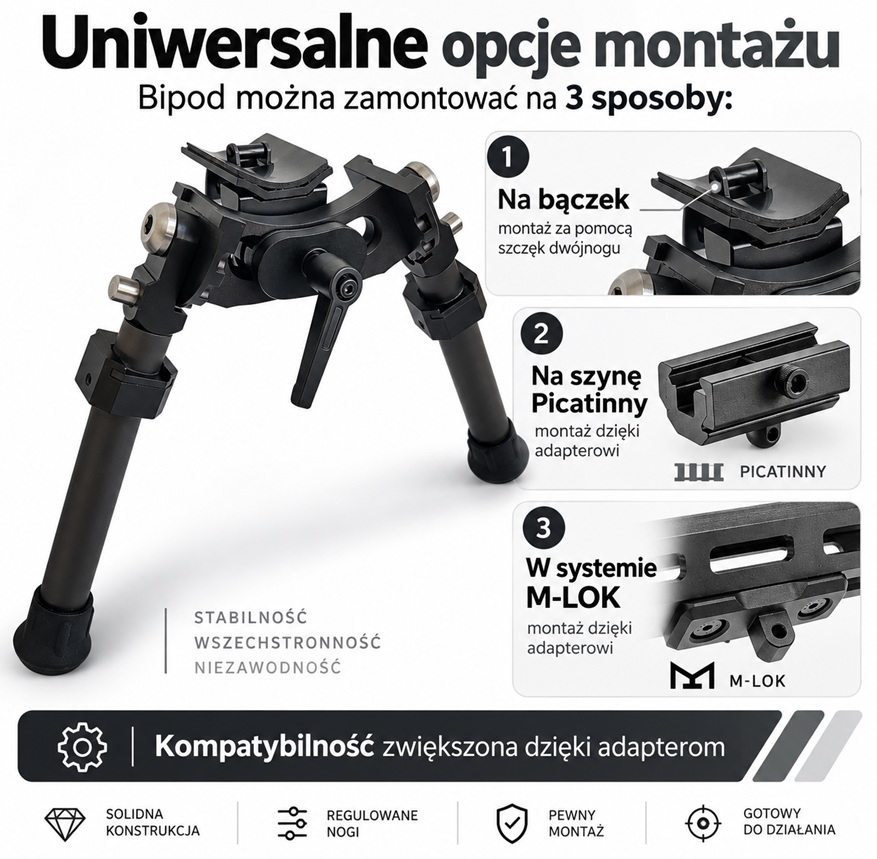 Bipod do broni venox: uniwersalność montażu na bączek szynę picatiny mlok