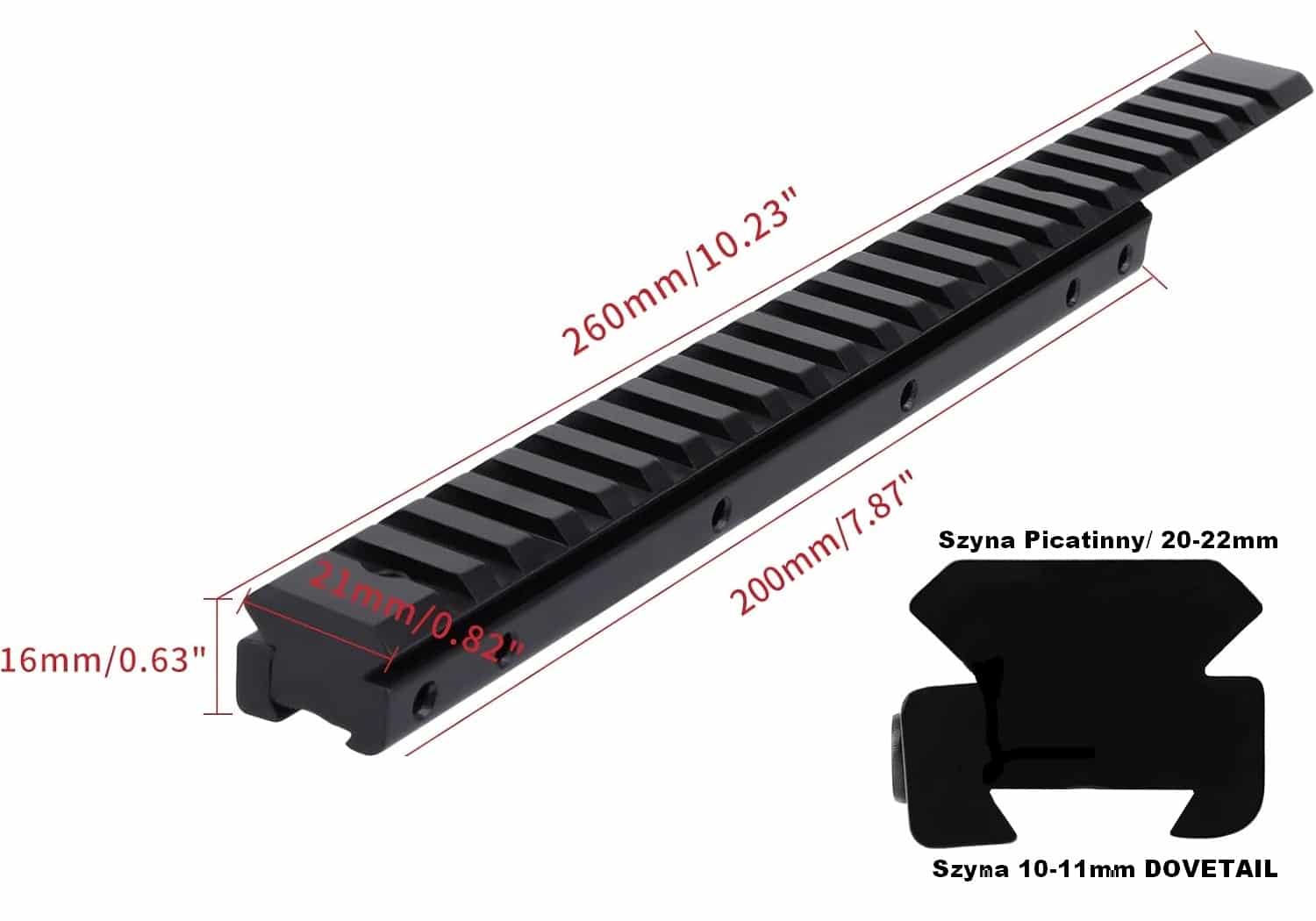 adapter szyny 11mm na 20mm/ Picatinny,redukcja "Dovetail" wymiary