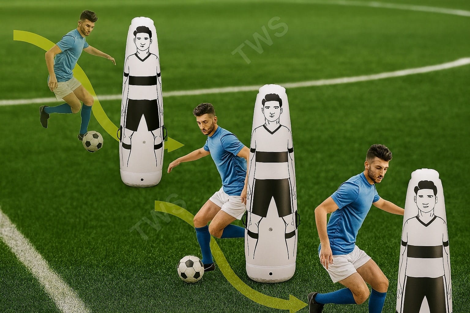 dmuchany mur treningowy - funkcja tyczki piłkarskiej jako drybling