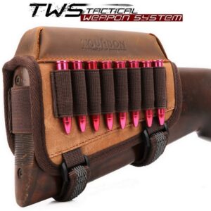 Skórzana, uniwersalna ładownica na kolbę z widocznymi nabojami