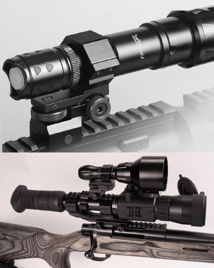 Regulowany uchwyt iluminatora zamontowany na szynie picatinny, na noktowizorze