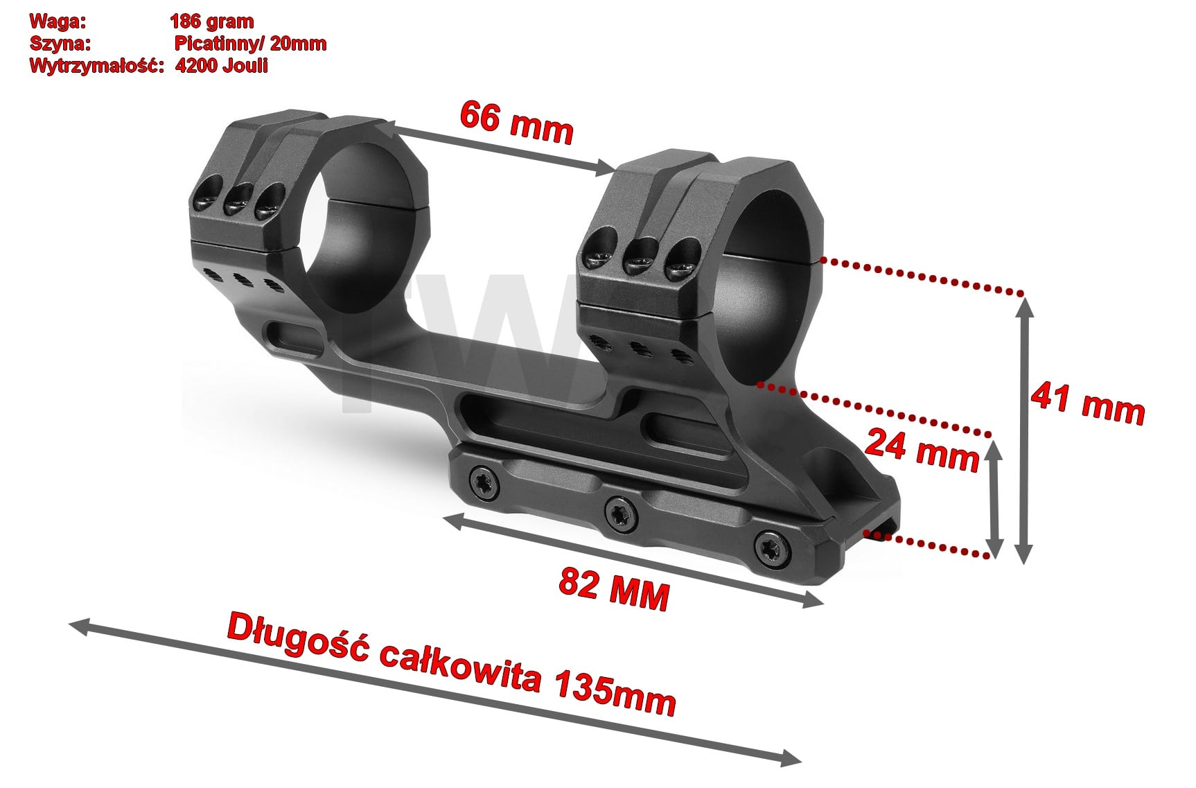 Montaż cantilever do lunety Vortex Optics 34 mm na szynę Picatinny, wymiary.