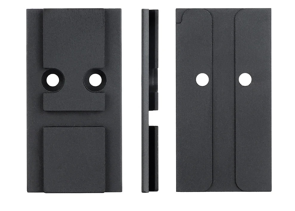 Płytka adaptera Aimpoint ACRO do Glock MOS – widok z przodu, boku i od spodu, precyzyjne frezowanie CNC