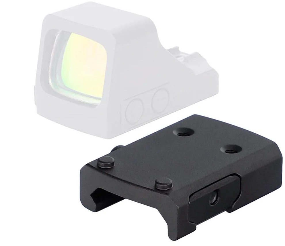 Adapter RMSc na szynę Picatinny RIS – widok z przodu i z tyłu, płytka montażowa kolimatora