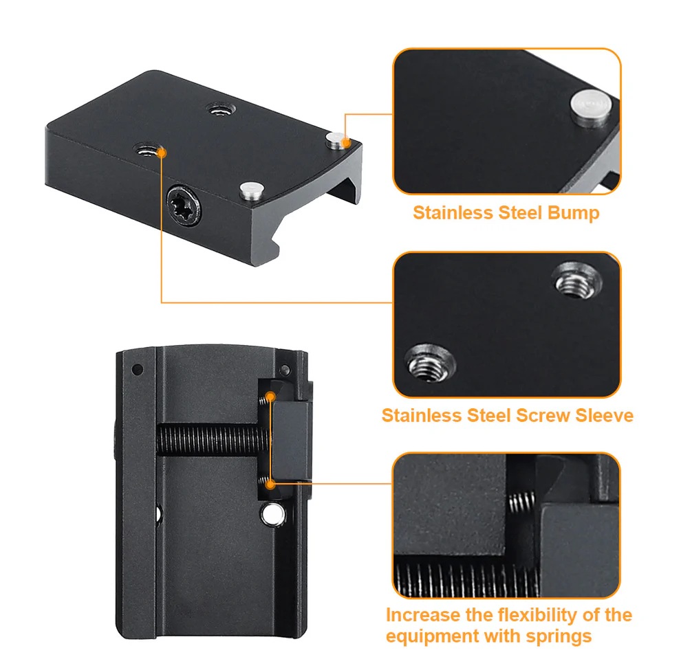 Montaż, Adapter RMR Picatinny – stalowe wypukłe punkty i stalowe tuleje gwintów zapewniające stabilny montaż kolimatora