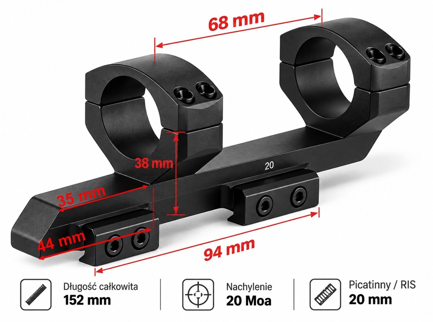 Montaż lunety 30mm z mikroskosem 20 Moa na szynę picatinny - wymiary