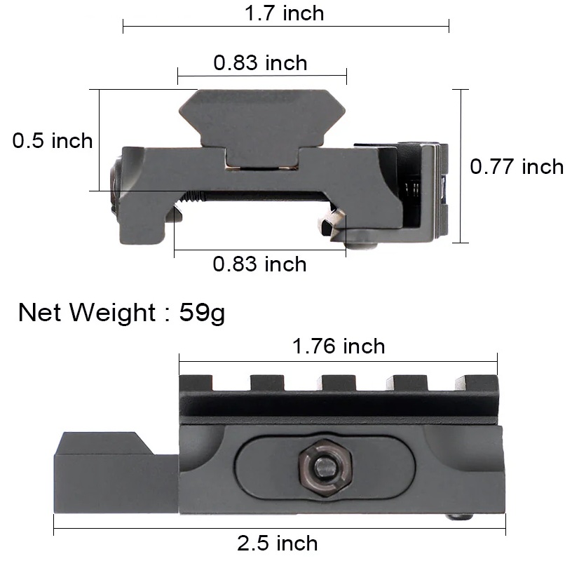 Wymiary podwyższenia szyny Picatinny RIS QD Auto Lock 13 mm