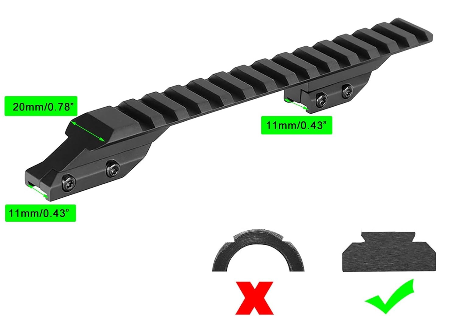 Adapter 11 mm Dovetail do Picatinny Weaver 20 mm – widok montażu i kompatybilności szyn
