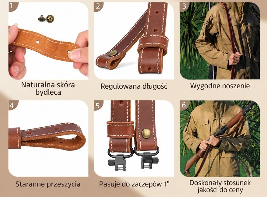 Skórzany pas do karabinu i strzelby – regulowany brązowy pas z naturalnej skóry bydlęcej