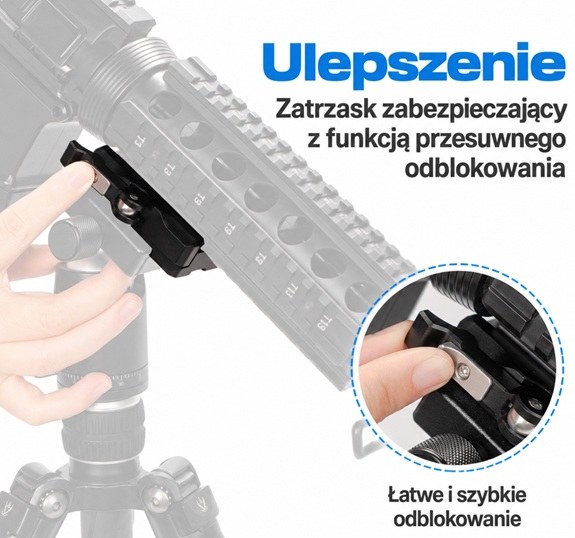Adapter Picatinny RIS 20 mm do Arca-Swiss zamontowany na statywie z zabezpieczeniem przeciw przesuwaniu