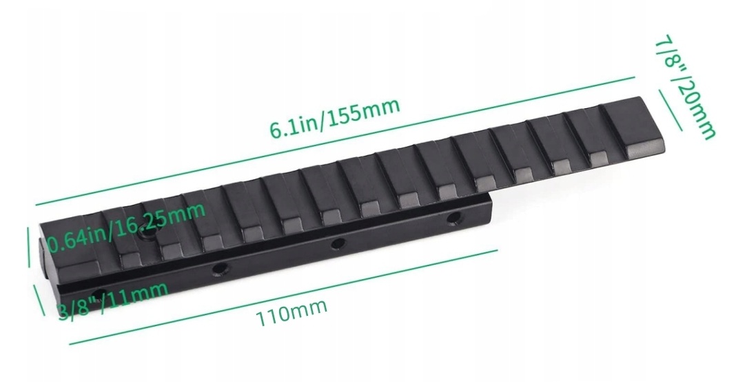 Adapter szyny 11 mm na 20 mm Picatinny, długość 155 mm, wymiary