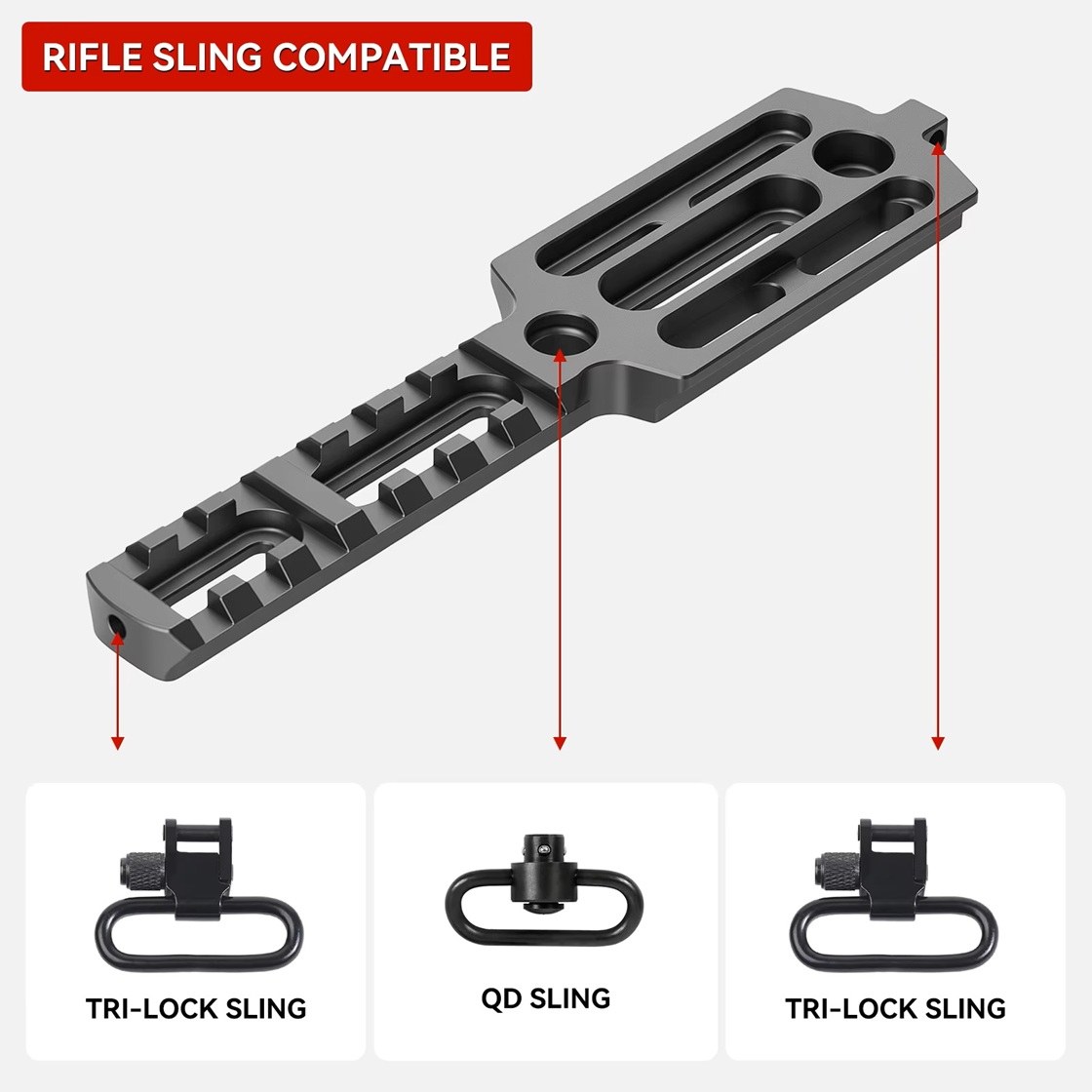 Adapter ARCA Swiss Picatinny z punktami mocowania pasa QD i tri-lock