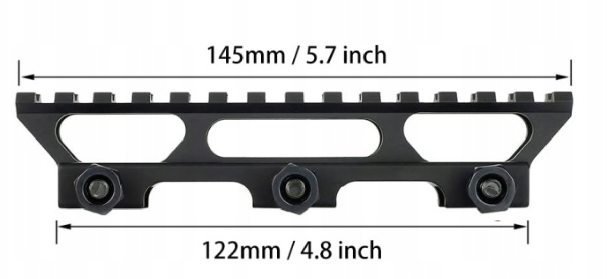 Podwyższenie szyny Picatinny 25,4 mm 145 mm 14 slotów – wymiary montażu