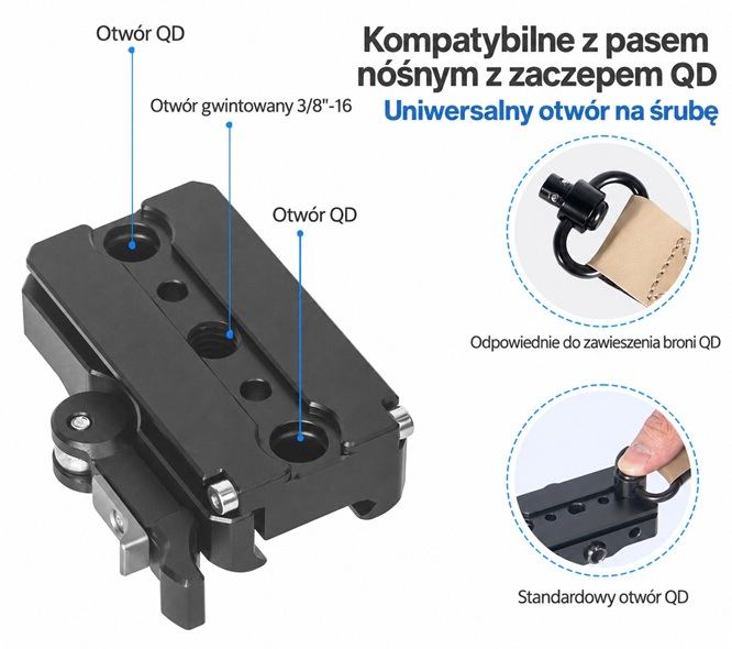 Adapter Arca-Swiss do szyny Picatinny RIS 20 mm z otworami QD i gwintem 3/8 cala