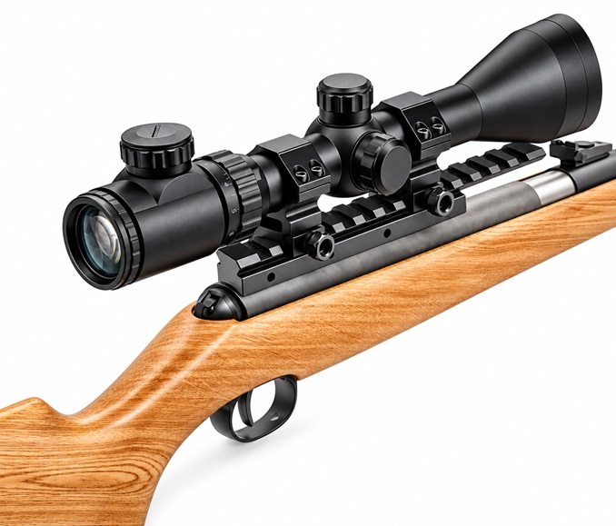 Adapter Picatinny 11 mm na 20 mm z zamontowaną lunetą na wiatrówce z drewnianą kolbą