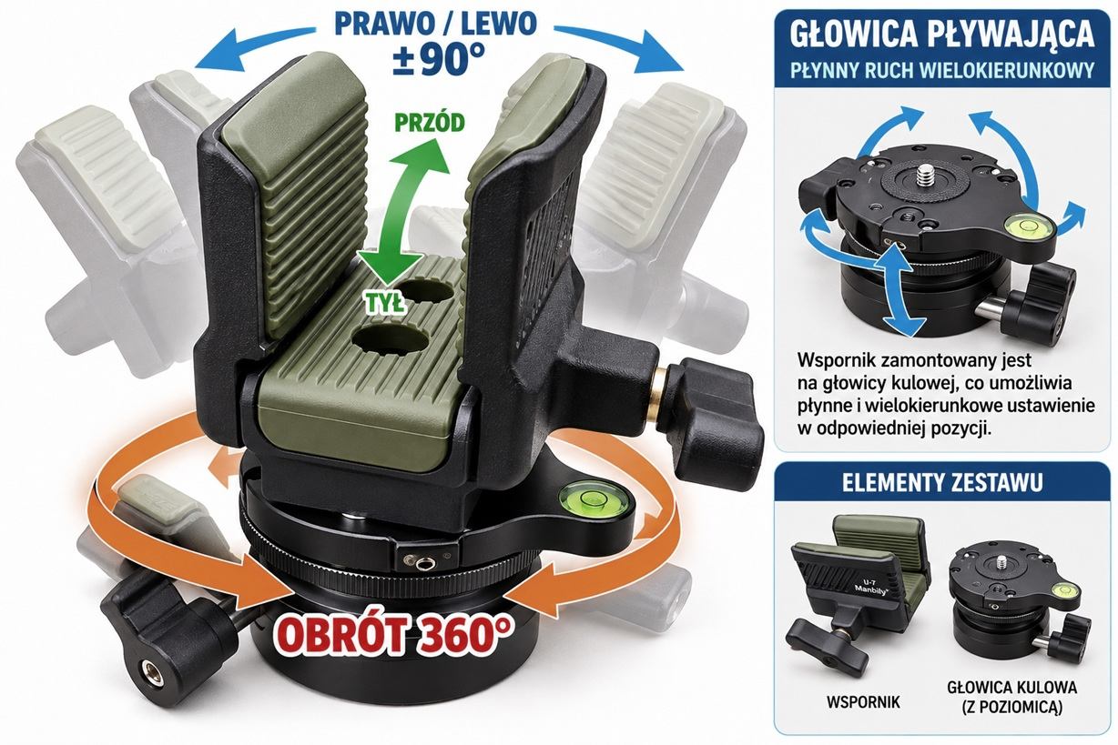 Imadło i siodło do broni z głowicą kulową – obrót 360°, płynna regulacja wielokierunkowa